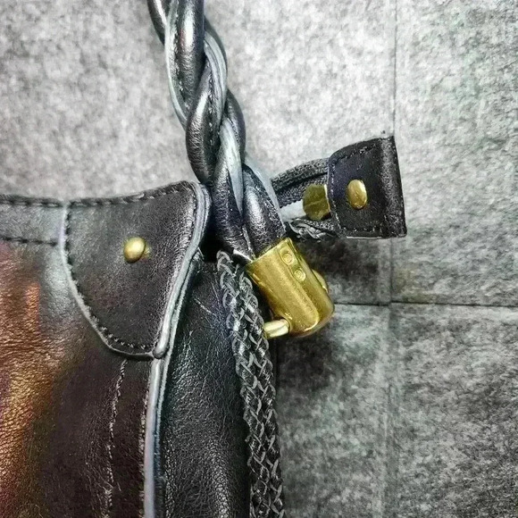 Relic black leather handbag twist braided shoulder strap, 3 sections NICE - Picture 3 of 10